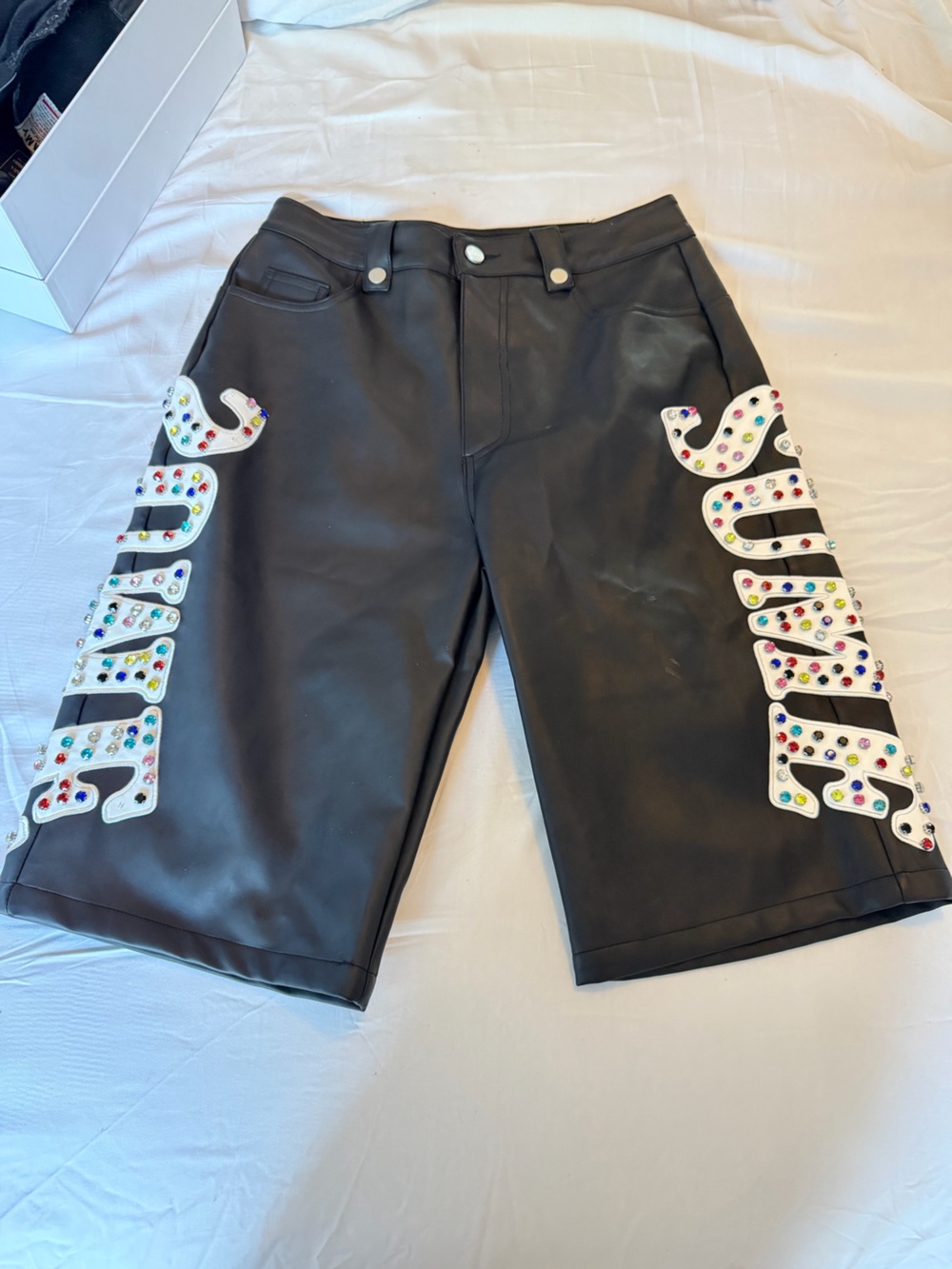 Sume Black Faux Leather Men's Long Shorts with Multicolor Gem Appliqué